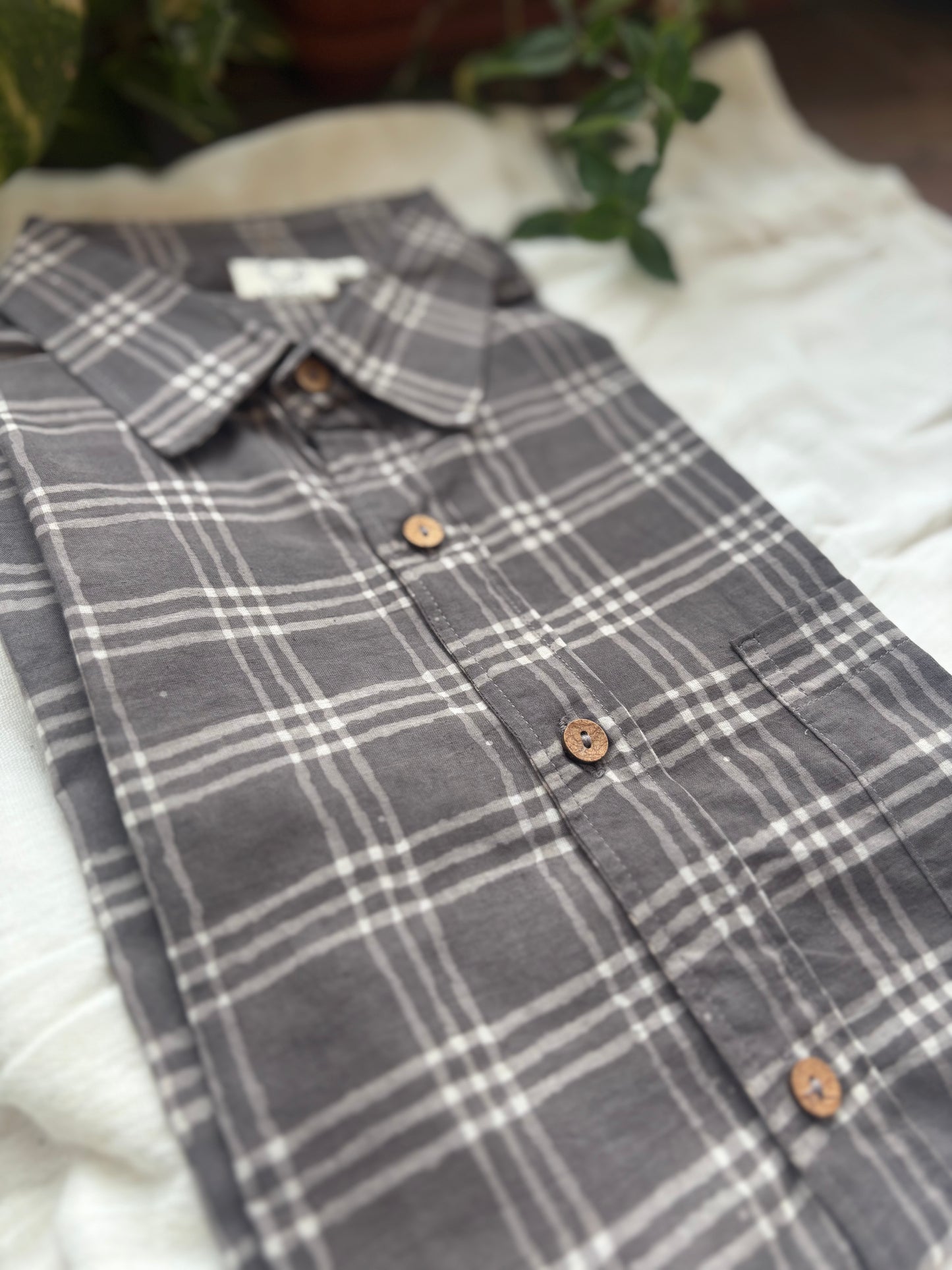 Charcoal Grey Check Block Printed Cotton Shirt | Relaxed Fit