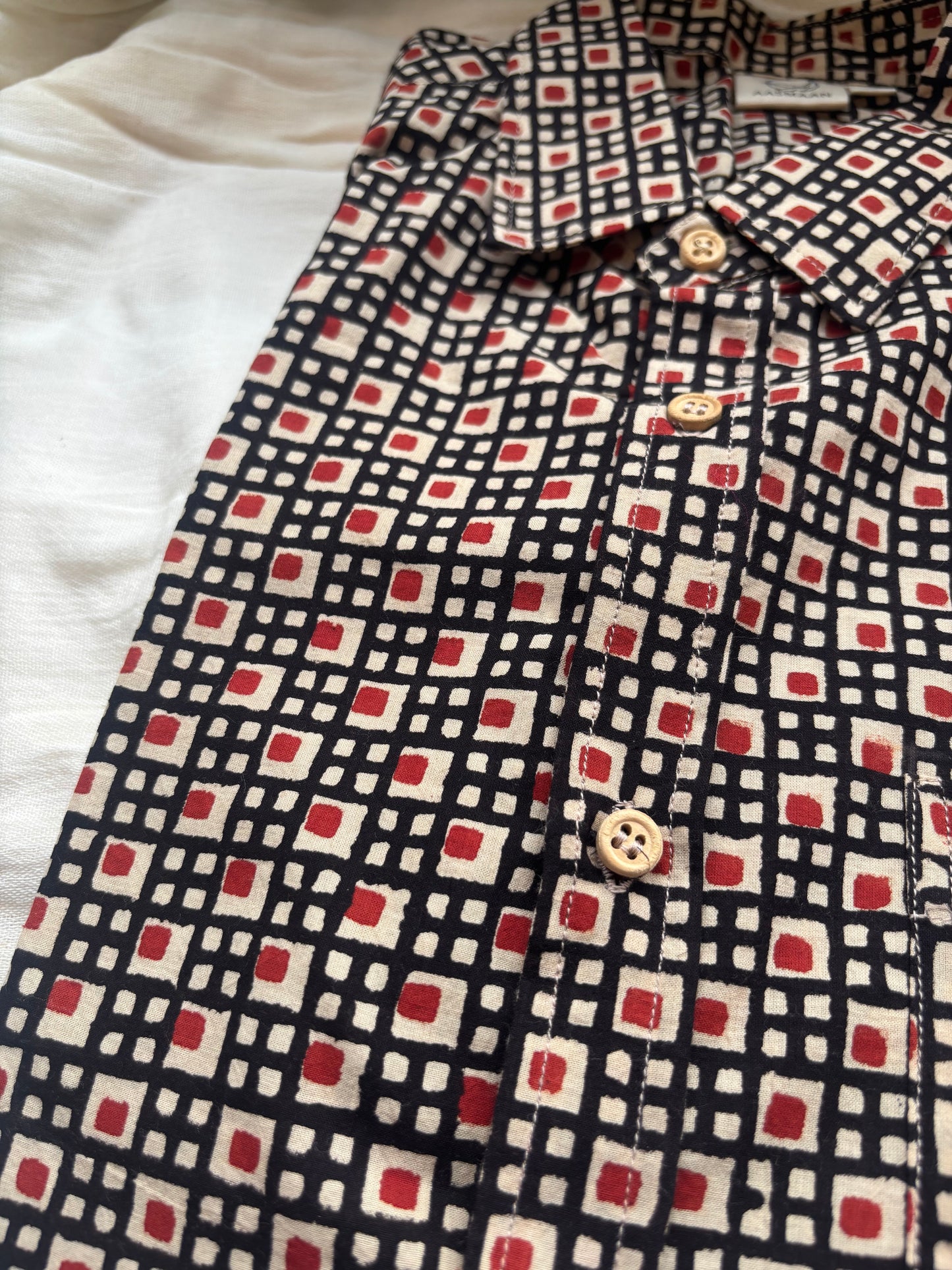Black Abstract Check Block Printed Cotton Shirt for Men | Relaxed Fit