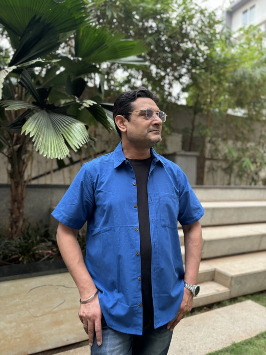 Blue Handwoven Cotton Shirt for Men | Aasmaan