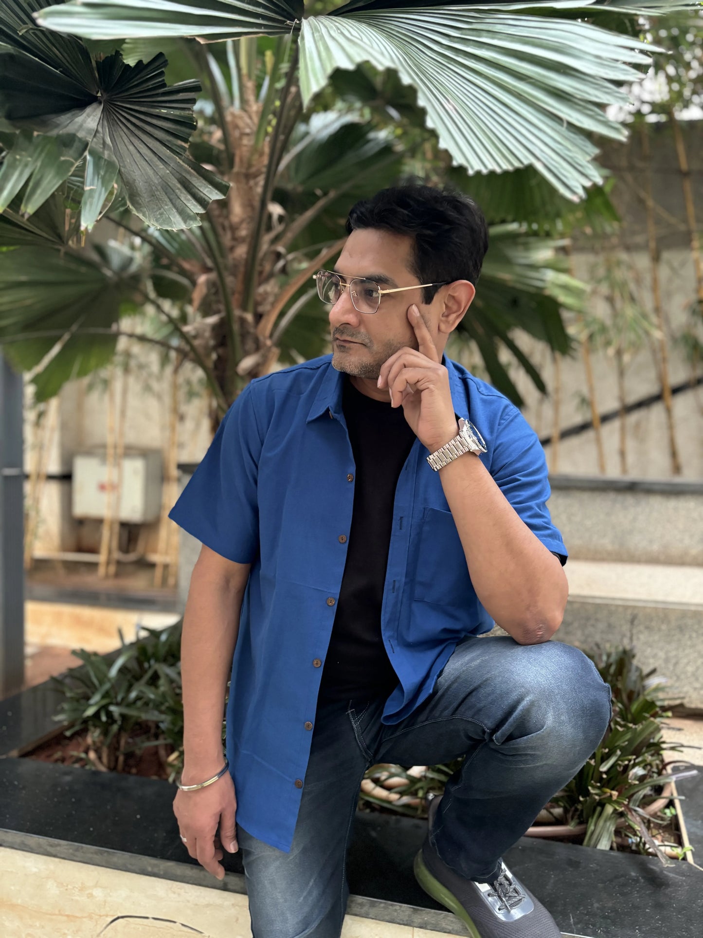 Blue Handwoven Cotton Shirt for Men | Aasmaan