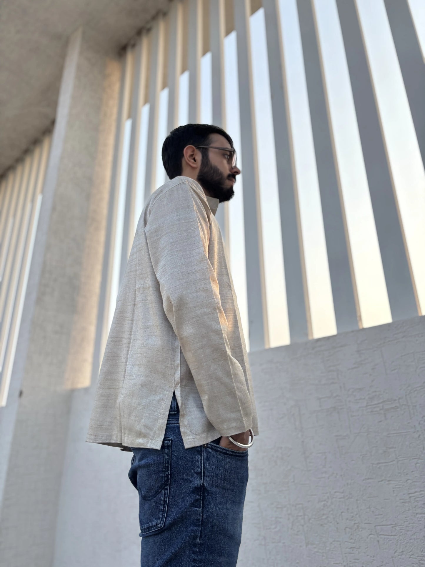 Light Gold Bhagalpuri Cotton Short Kurta for Men | Aasmaan