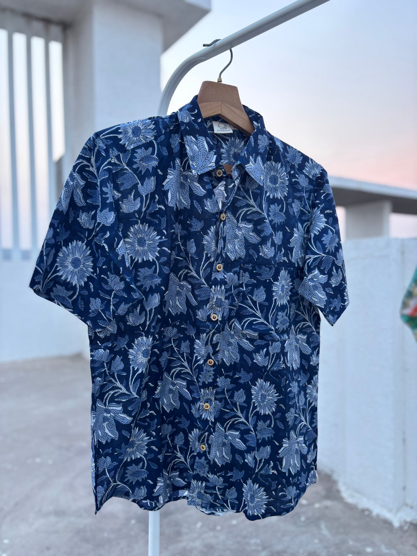 Dark Blue Sanganeri Block Print Cotton Shirt | Relaxed Fit
