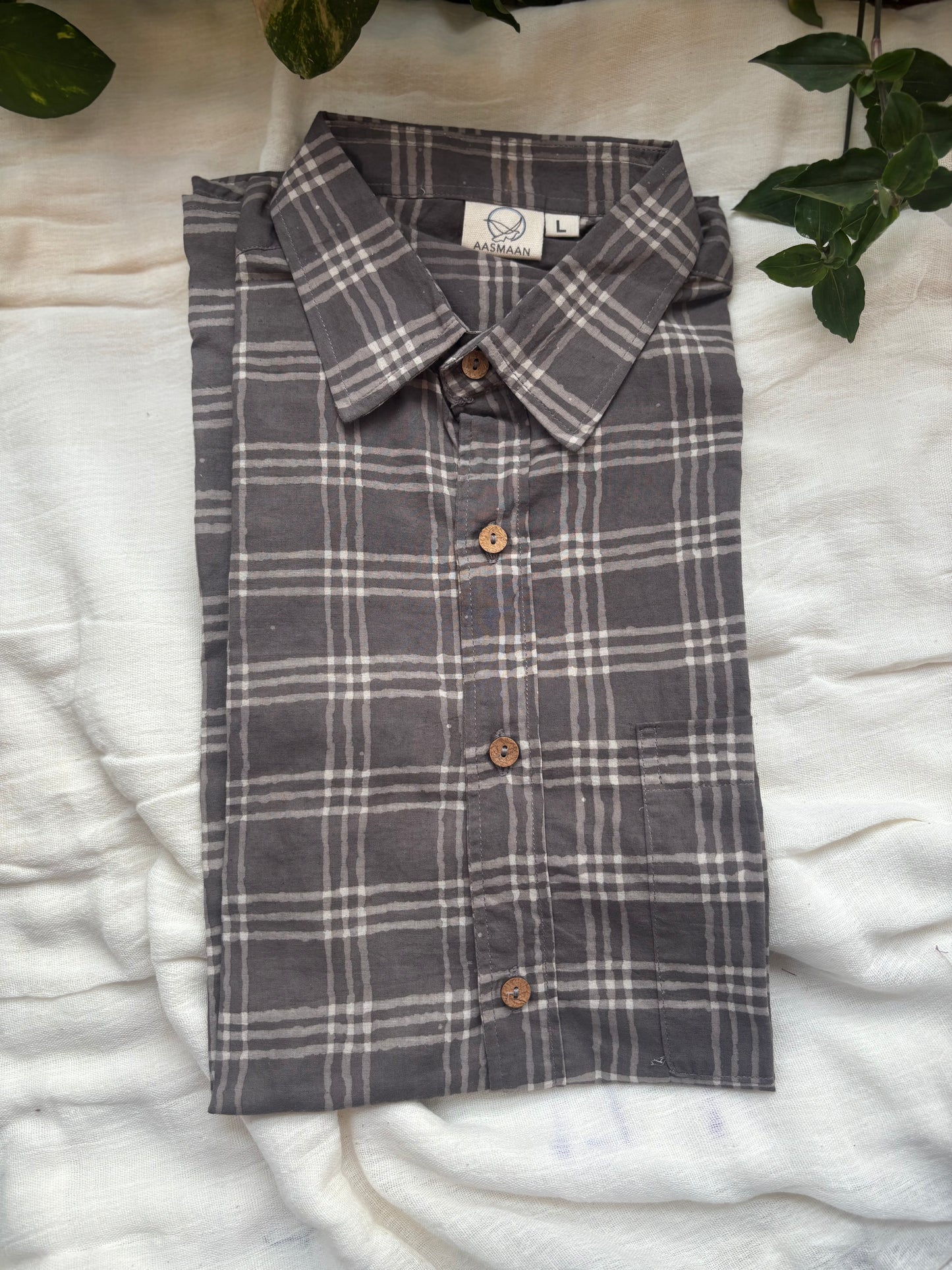 Charcoal Grey Check Block Printed Cotton Shirt | Relaxed Fit