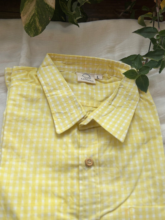 Yellow Check Block Printed Cotton Shirt | Relaxed Fit