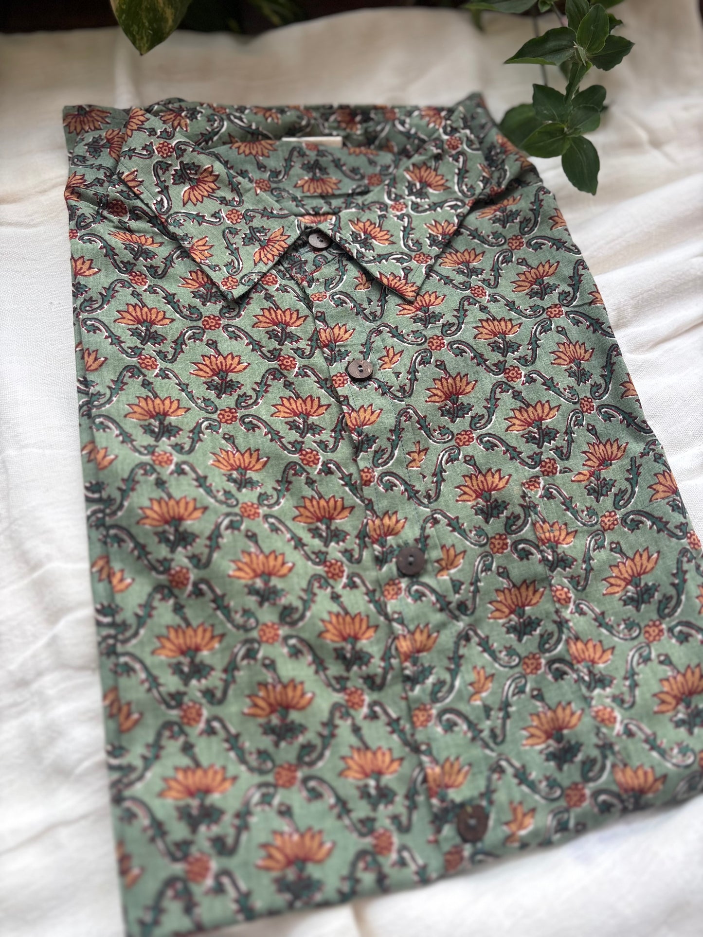 Green Floral Block Printed Cotton Shirt | Relaxed Fit