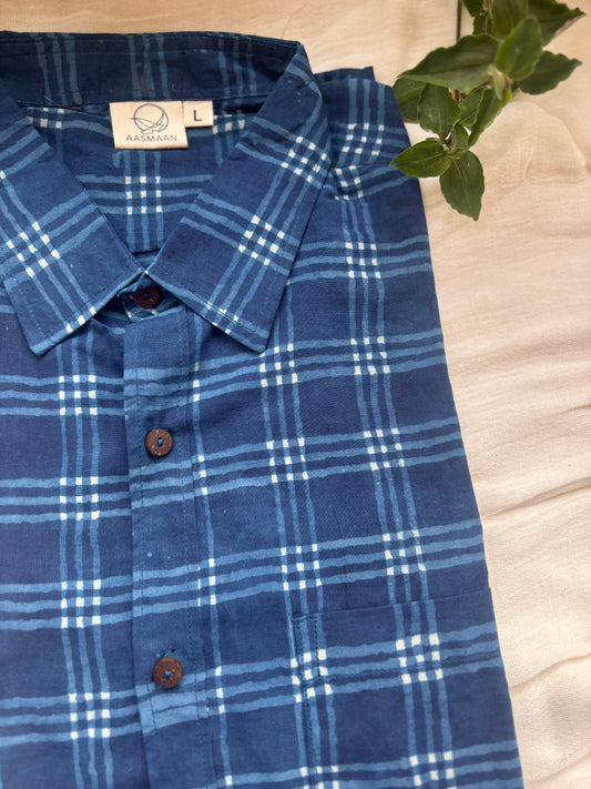 Blue Check Block Printed Cotton Shirt | Relaxed Fit