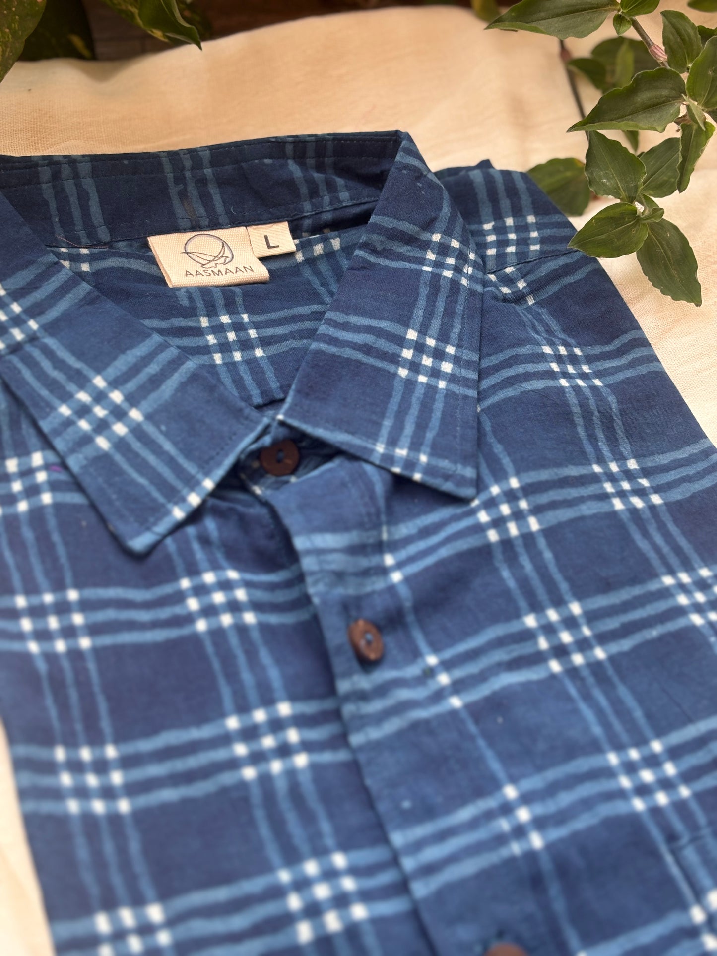 Blue Check Block Printed Cotton Shirt | Relaxed Fit