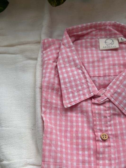 Pink Check Block Printed Cotton Shirt | Relaxed Fit