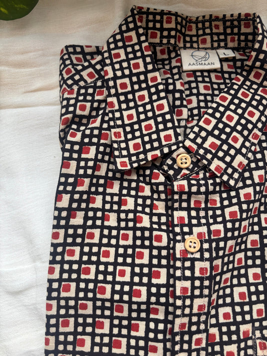 Black Abstract Check Block Printed Cotton Shirt for Men | Relaxed Fit