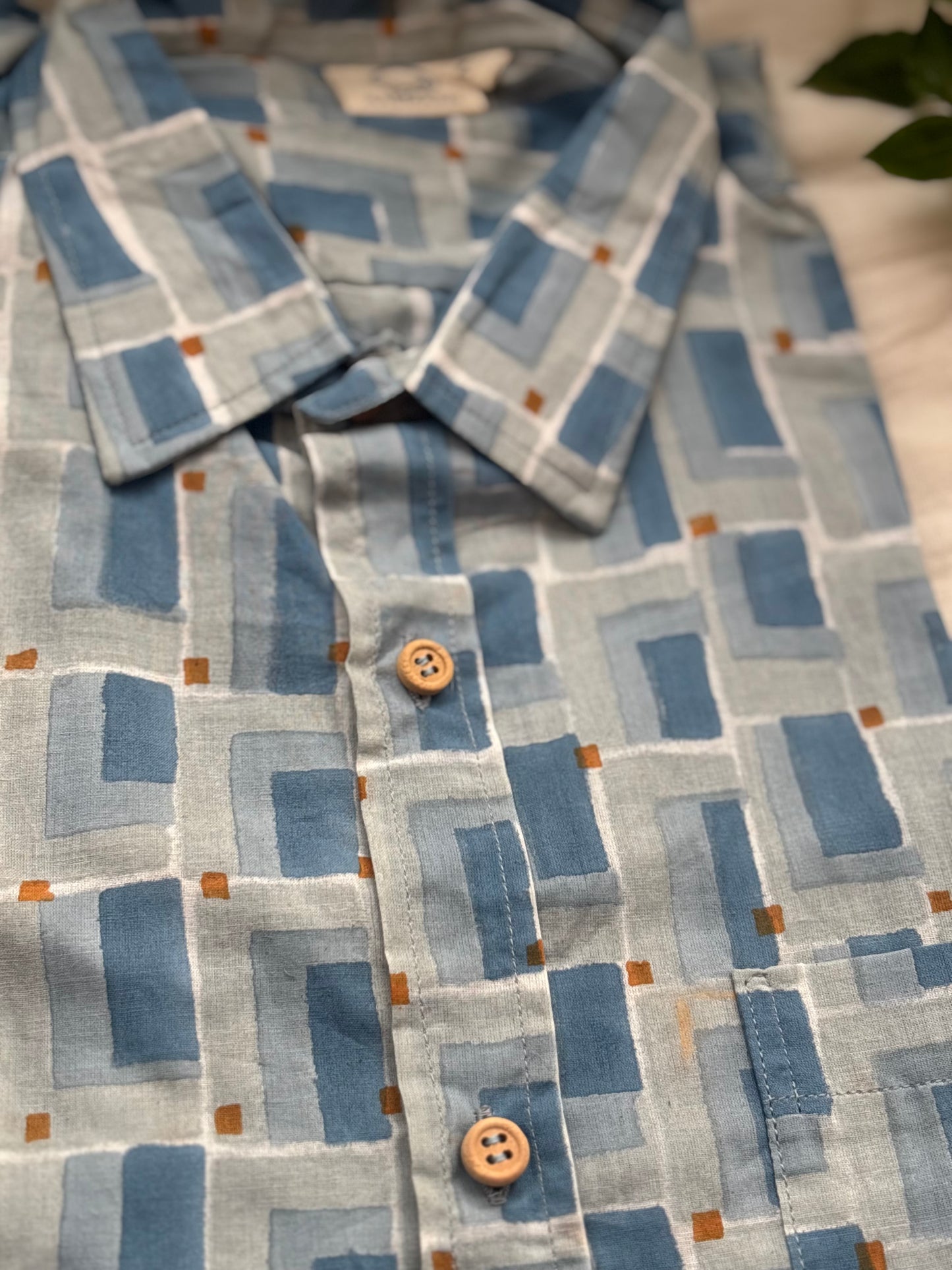 Blue Abstract Check Block Printed Cotton Shirt | Relaxed Fit