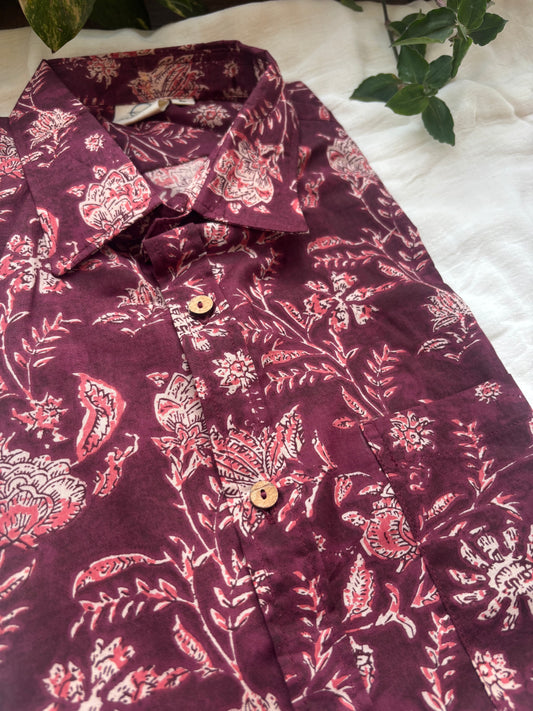 Dark Red Floral Block Printed Cotton Shirt for Men | Relaxed Fit