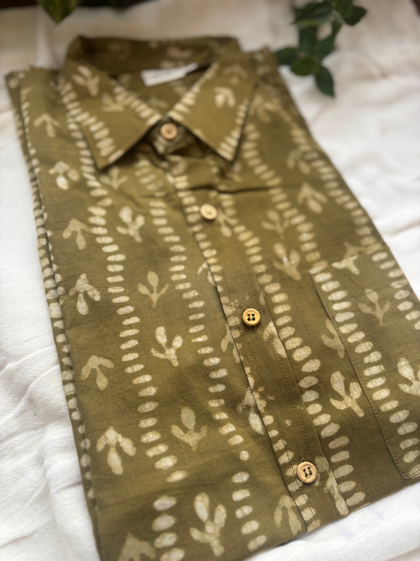 Olive Green Block Printed Cotton Shirt | Relaxed Fit