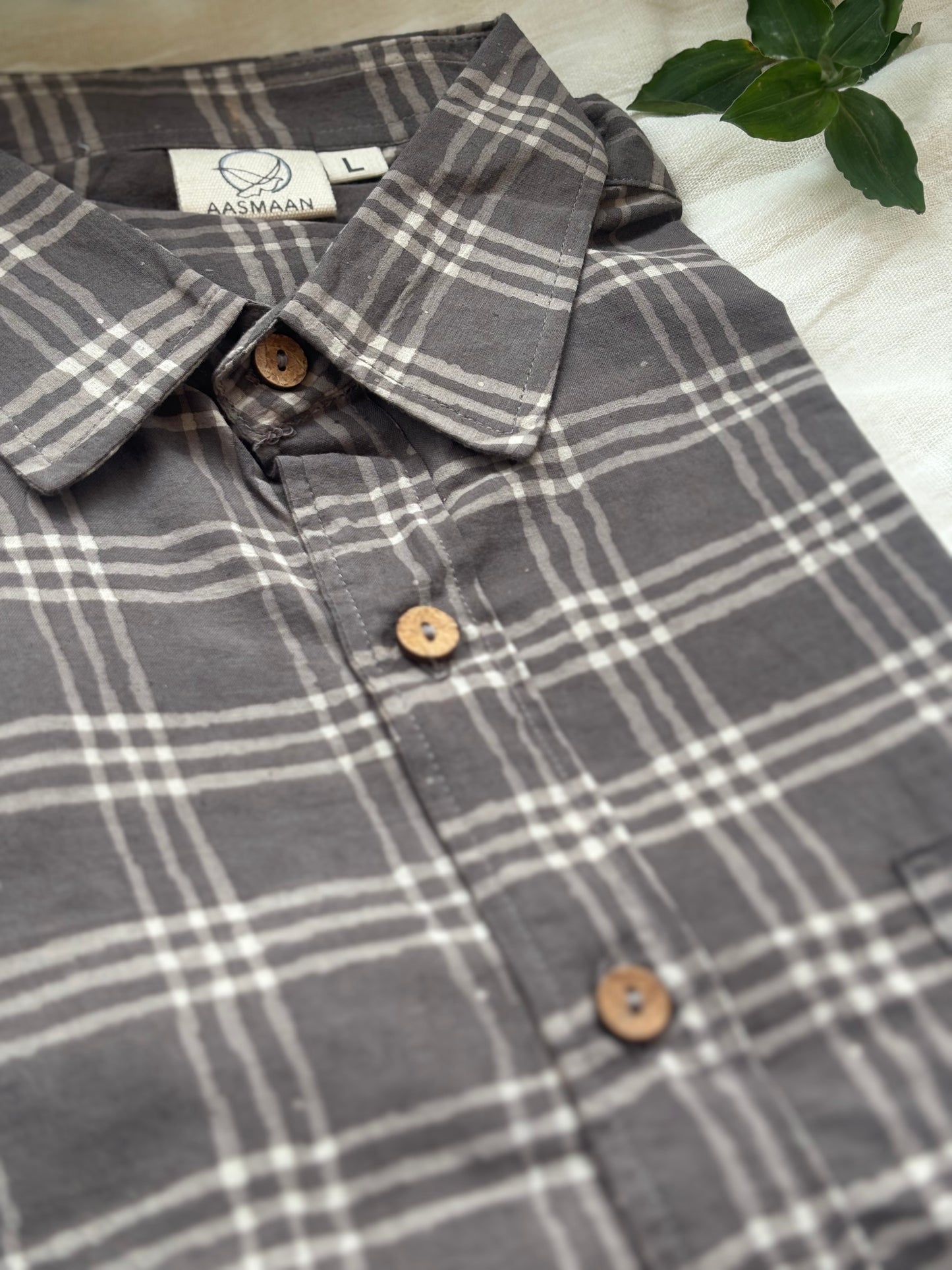 Charcoal Grey Check Block Printed Cotton Shirt | Relaxed Fit