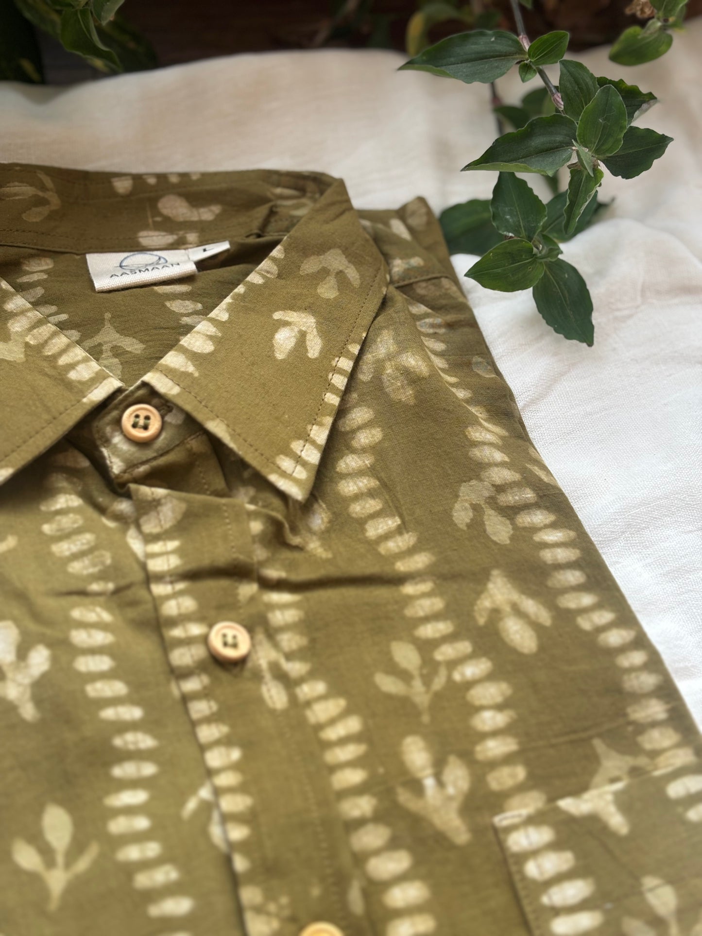 Olive Green Block Printed Cotton Shirt | Relaxed Fit