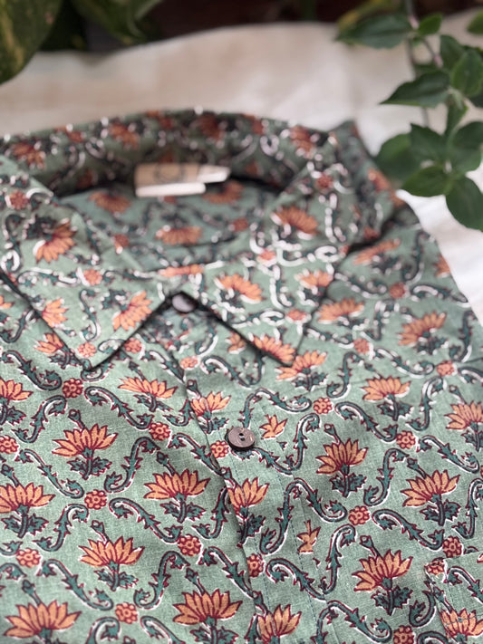 Green Floral Block Printed Cotton Shirt | Relaxed Fit