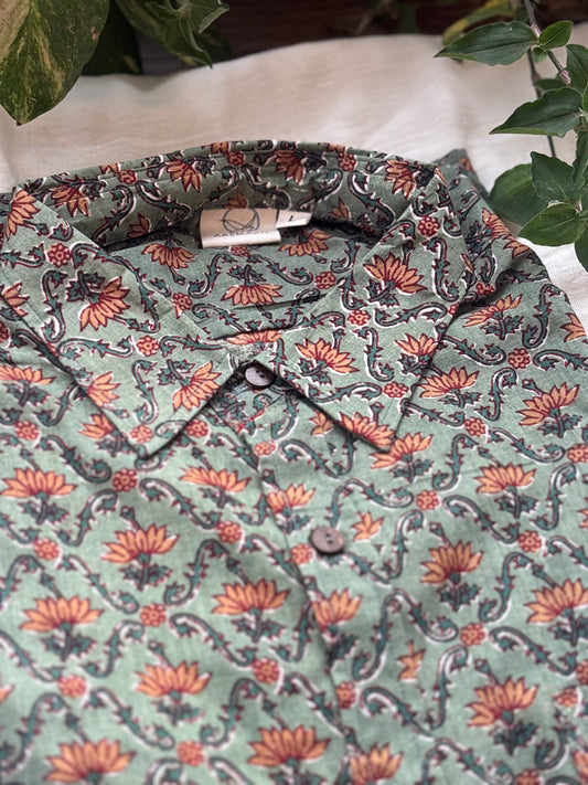 Green Floral Block Printed Cotton Shirt | Relaxed Fit
