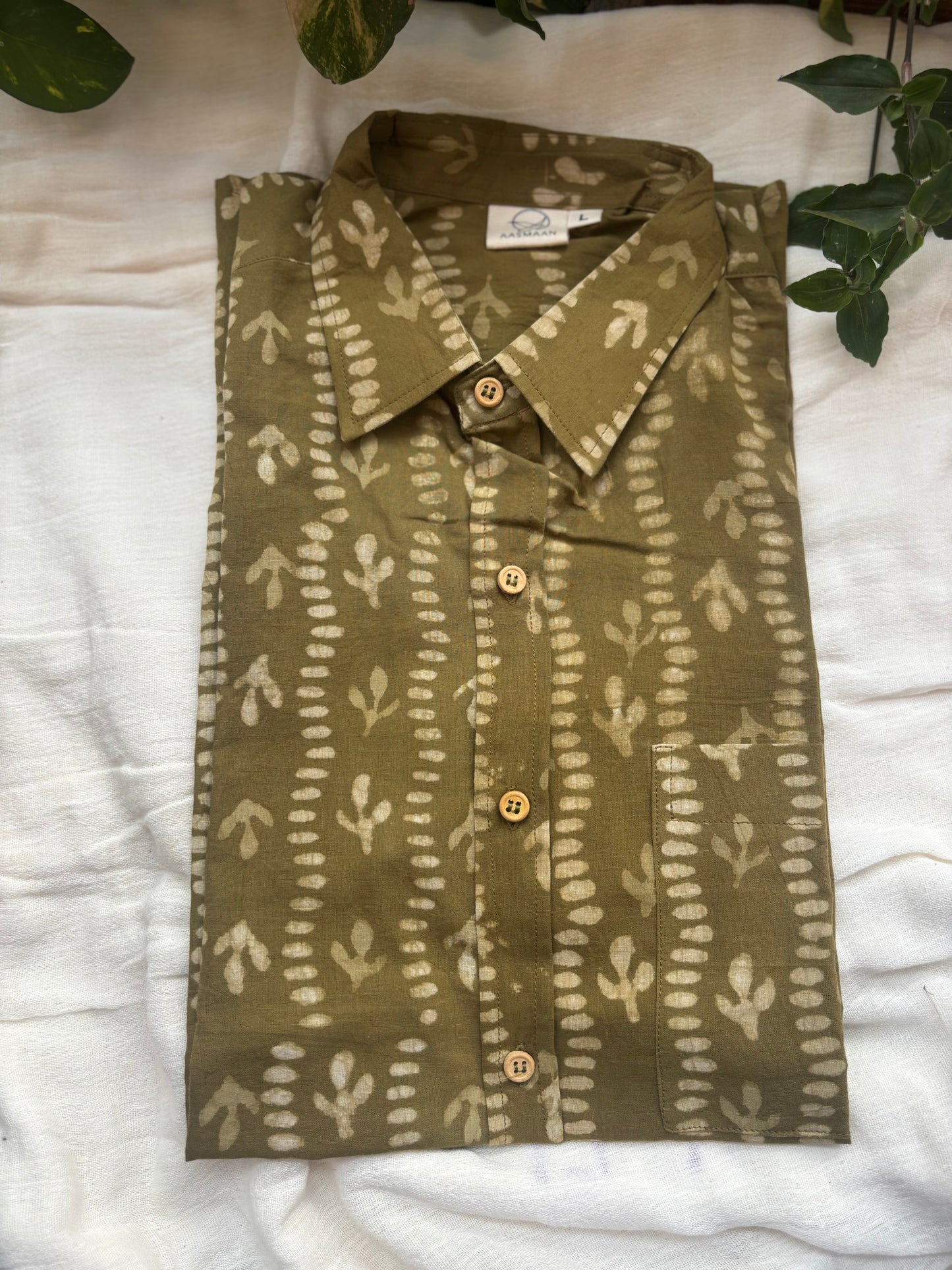 Olive Green Block Printed Cotton Shirt | Relaxed Fit