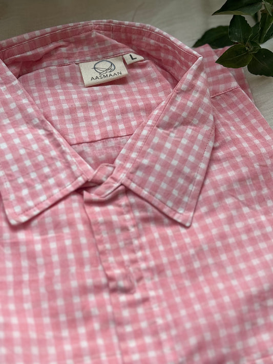 Pink Check Block Printed Cotton Shirt | Relaxed Fit